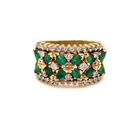 14k Yellow Gold Emerald & Diamond Cluster Band Ring Size 7.5 6.5 Grams