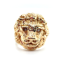 Large 14kt Yellow Gold Lion Head Ring w/ Diamond Eyes 24.60g Sz 10.5